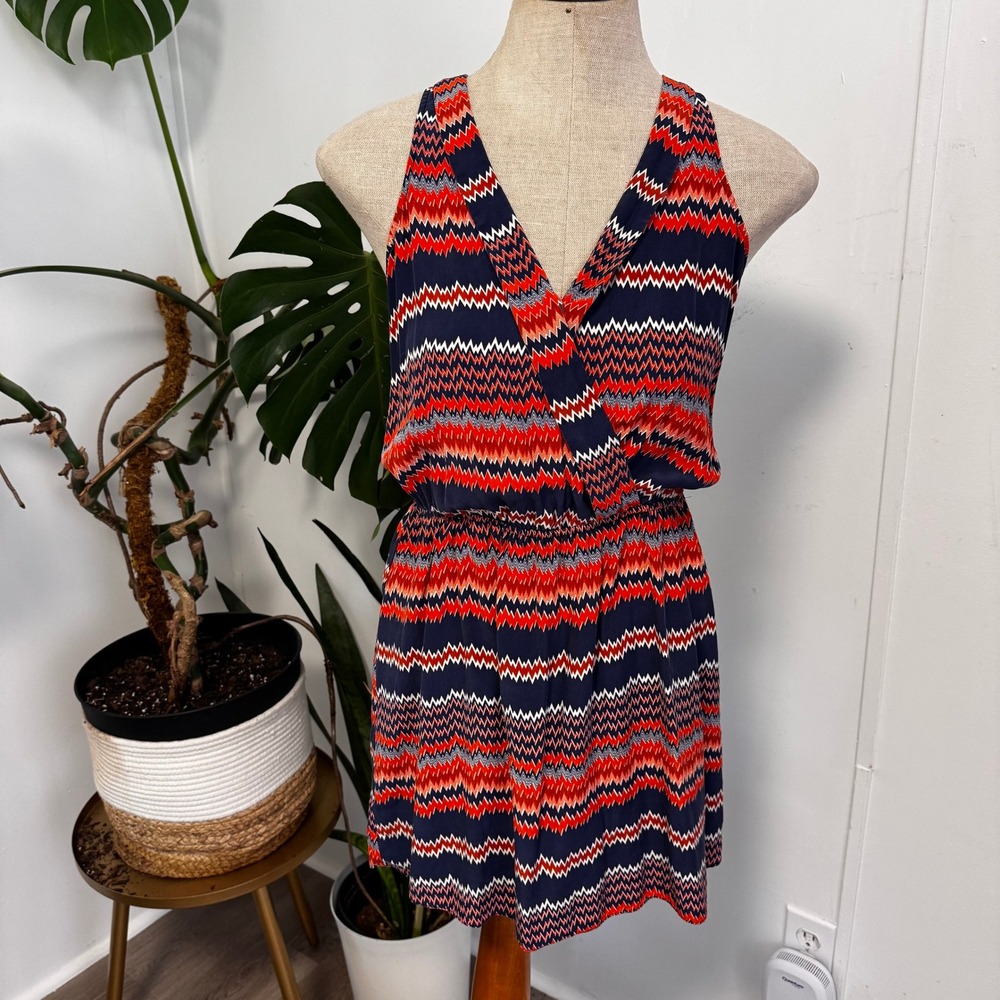 Parker Silk Mini Dress Women S Navy Blue Orange Chevron Zigzag Racerback‎ Wrap
